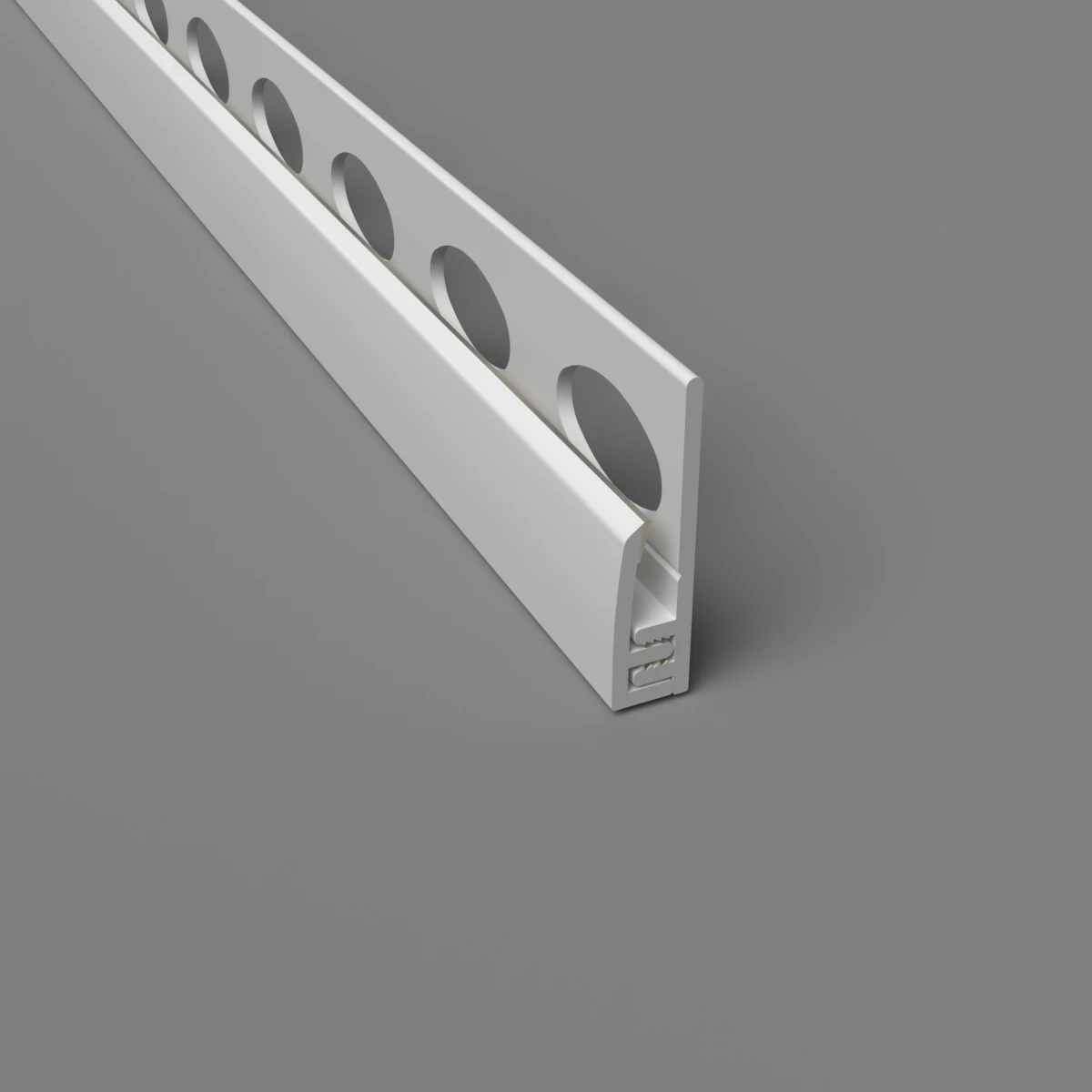 Zweiteiliges weißes Clip-On-Randprofil für hygienische PVC-Wandverkleidungen, 3050 mm lang, satinierte Oberfläche.