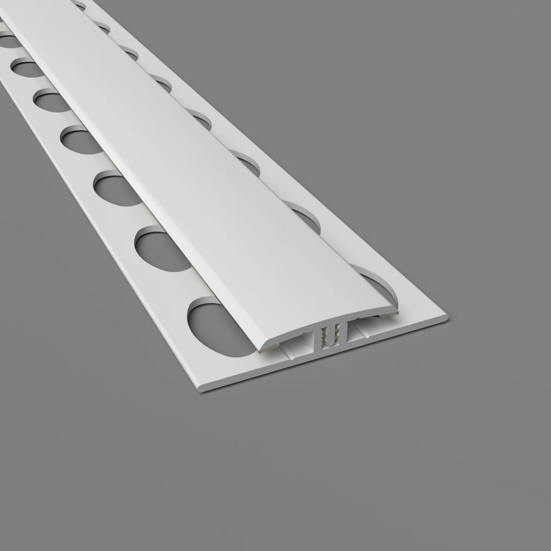Weißes H-Trennprofil aus PVC, 2-teilig zum Aufclipsen, passend für 3 mm dicke Wandverkleidungen, Länge 3050 mm.