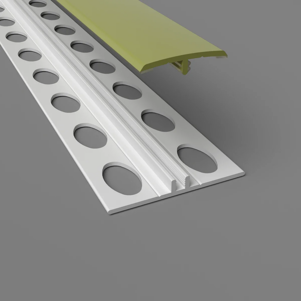 Zweiteilige H-Trennleiste in olivgrün – Montageansicht mit Basisprofil und Abdeckung für PVC-Wandverkleidungen