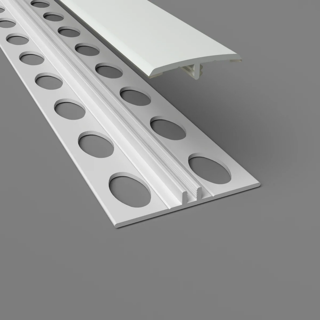Zweiteilige H-Trennleiste in meeresschaum – Montageansicht mit Basisprofil und Abdeckung für PVC-Wandverkleidungen