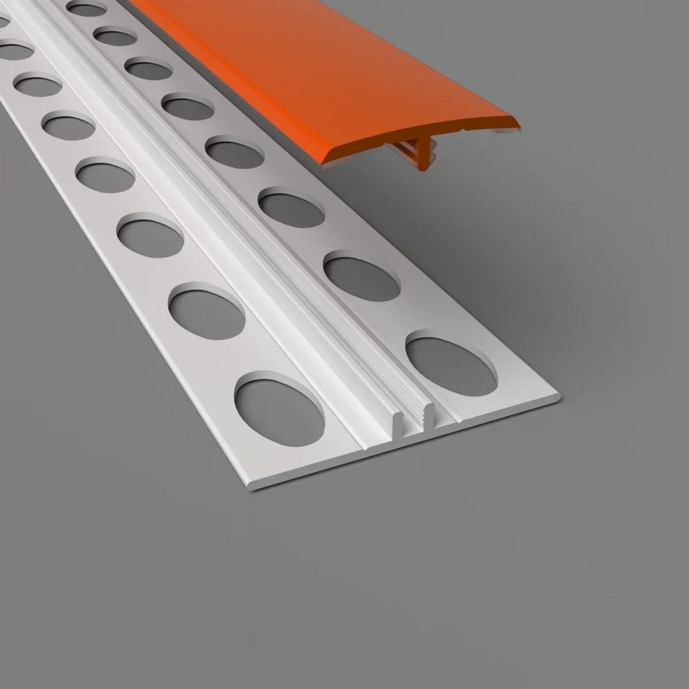 Zweiteilige H-Trennleiste in orange – Montageansicht mit Basisprofil und Abdeckung für PVC-Wandverkleidungen