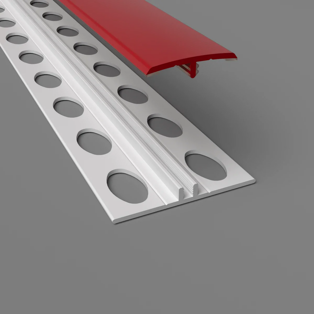 Zweiteilige H-Trennleiste in rot – Montageansicht mit Basisprofil und Abdeckung für PVC-Wandverkleidungen
