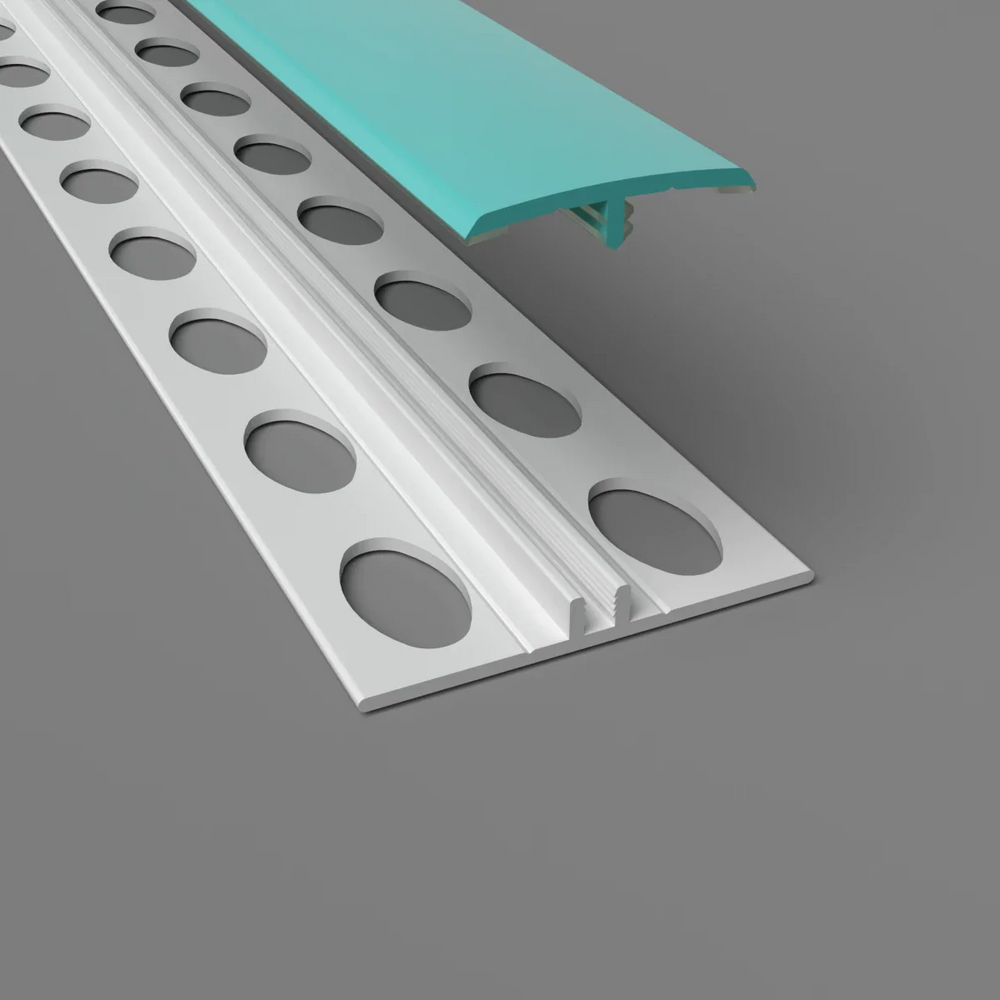Zweiteilige H-Trennleiste in türkis – Montageansicht mit Basisprofil und Abdeckung für PVC-Wandverkleidungen