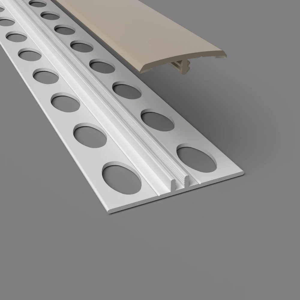 Zweiteilige H-Trennleiste in taupe – Montageansicht mit Basisprofil und Abdeckung für PVC-Wandverkleidungen