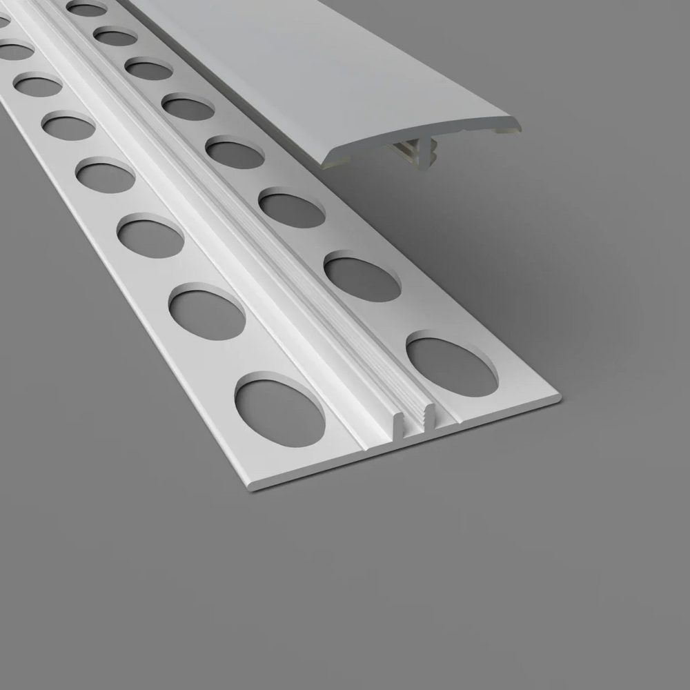 Zweiteilige H-Trennleiste in wolkengrau – Montageansicht mit Basisprofil und Abdeckung für PVC-Wandverkleidungen