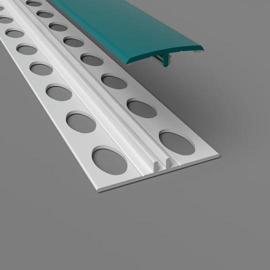 Zweiteilige H-Trennleiste in aquamarin – Montageansicht mit Basisprofil und Abdeckung für PVC-Wandverkleidungen