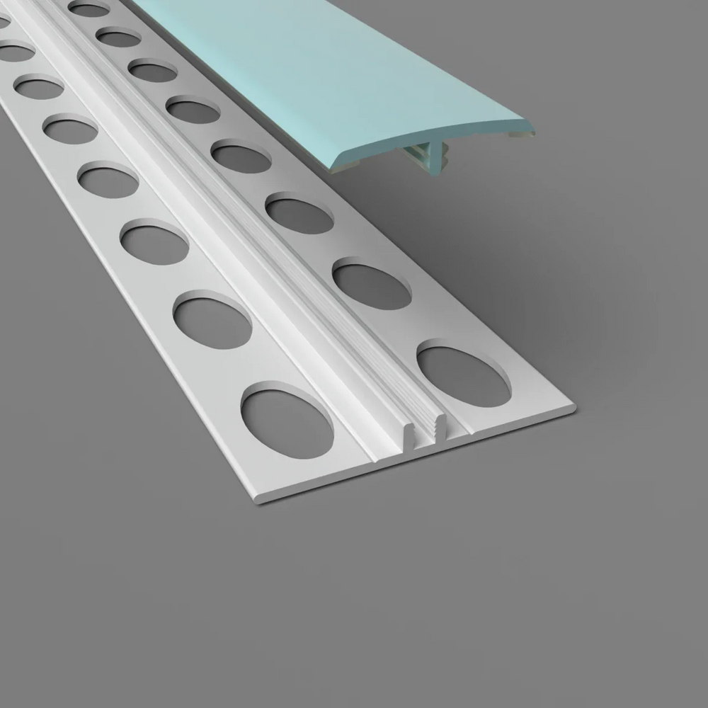 Zweiteilige H-Trennleiste in mint – Montageansicht mit Basisprofil und Abdeckung für PVC-Wandverkleidungen