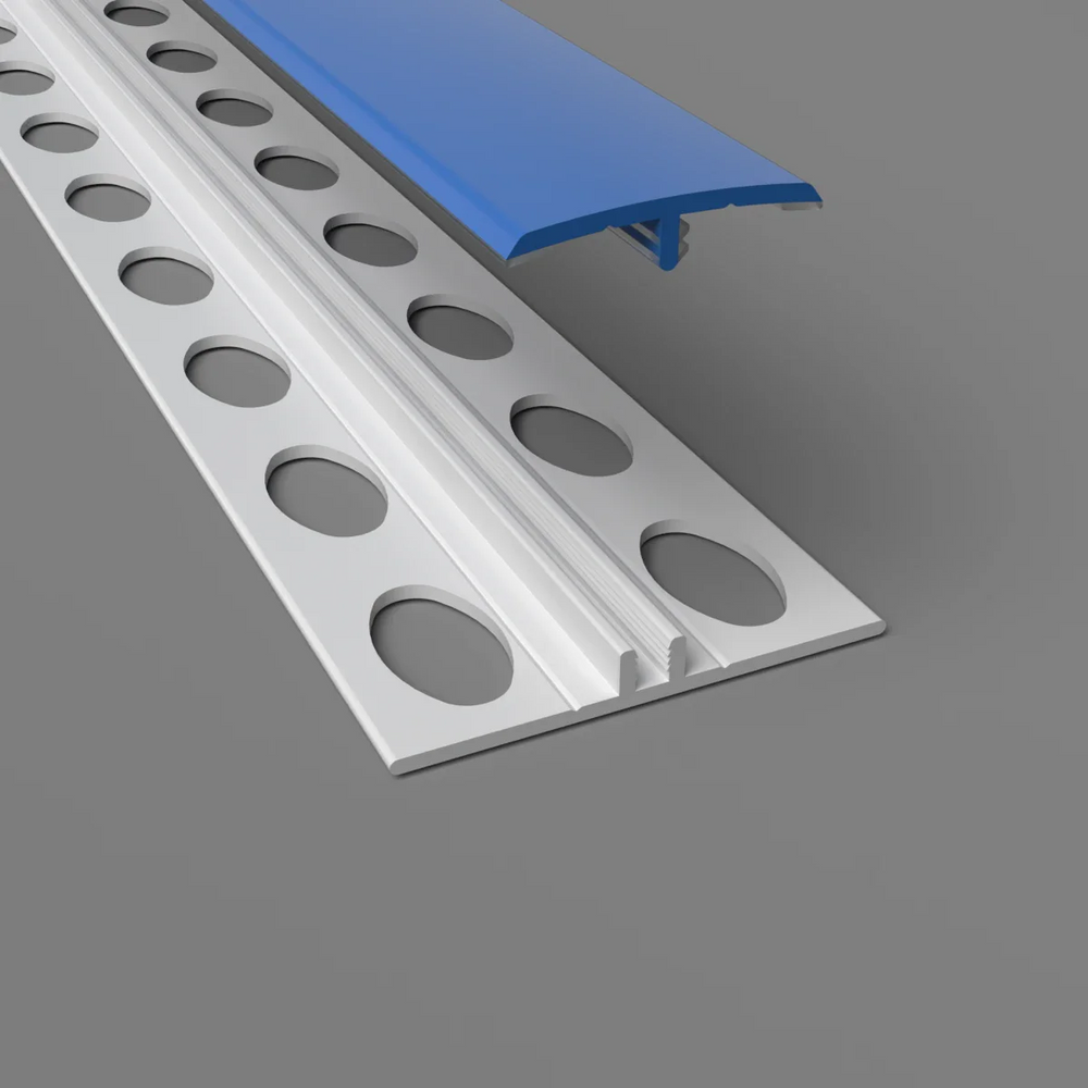 Zweiteilige H-Trennleiste in opalblau – Montageansicht mit Basisprofil und Abdeckung für PVC-Wandverkleidungen