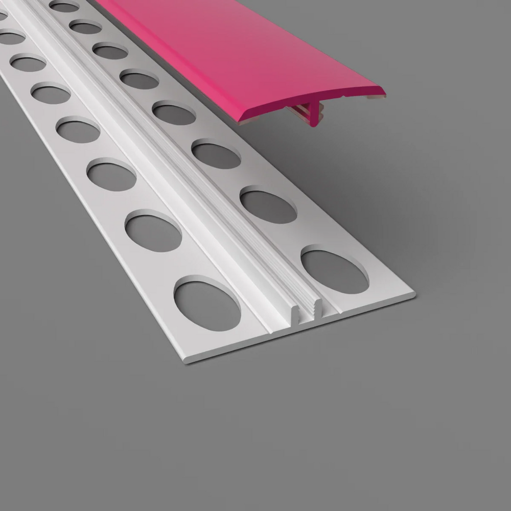 Zweiteilige H-Trennleiste in rosa – Montageansicht mit Basisprofil und Abdeckung für PVC-Wandverkleidungen