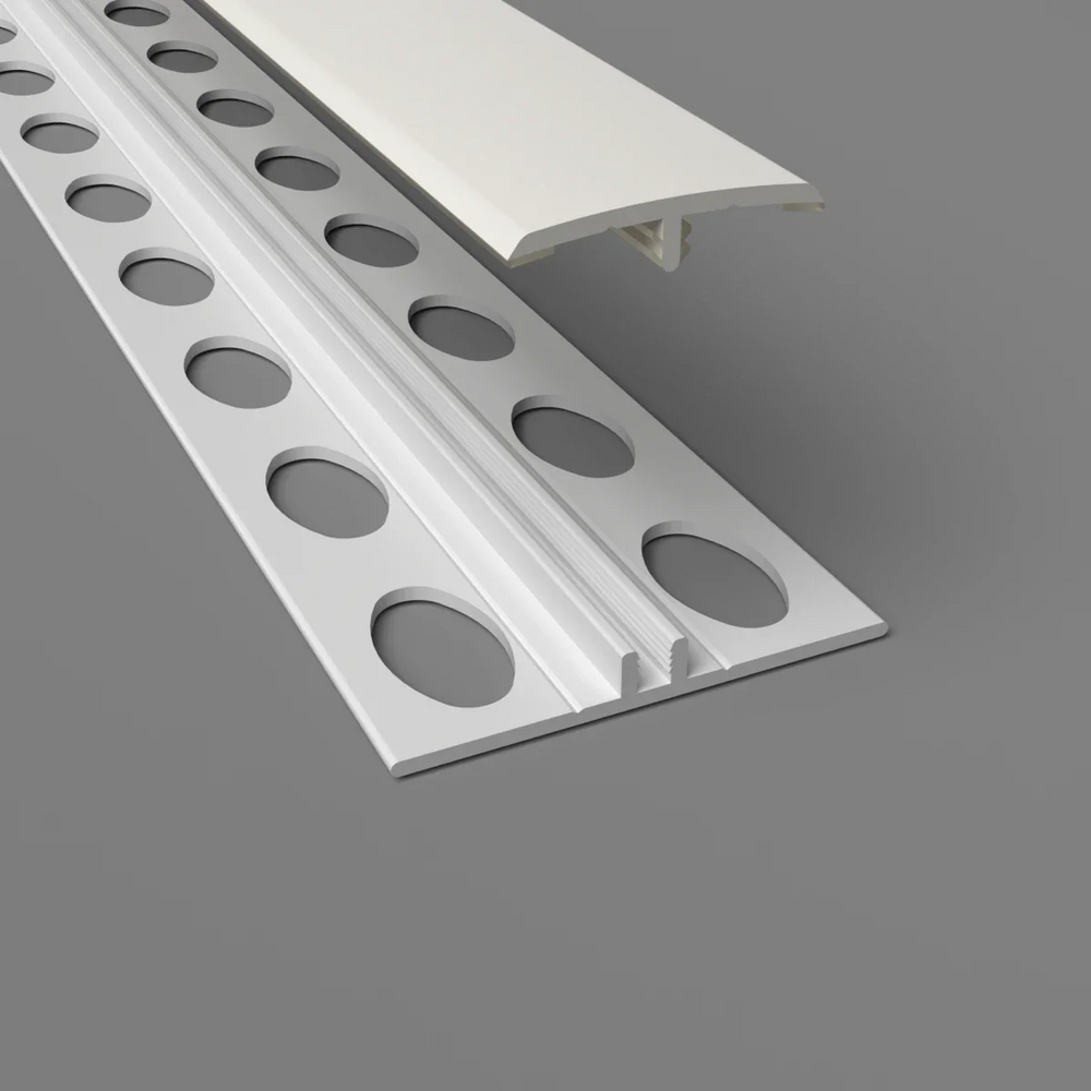 Zweiteilige H-Trennleiste in leinen – Montageansicht mit Basisprofil und Abdeckung für PVC-Wandverkleidungen